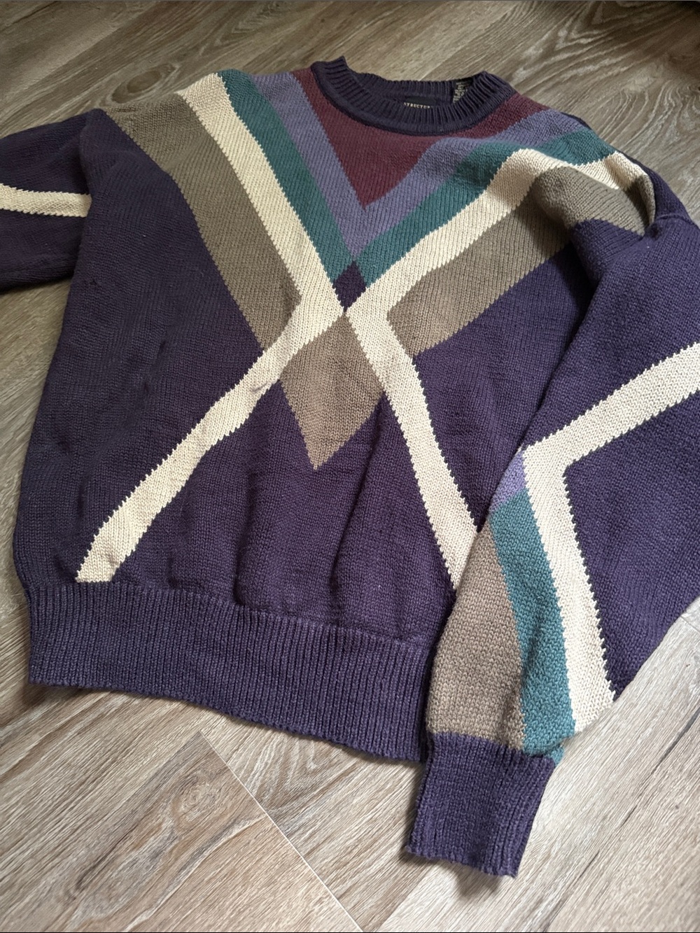 Structure Men’s Crewneck Sweater in Purple with Cream and Brown Accents
